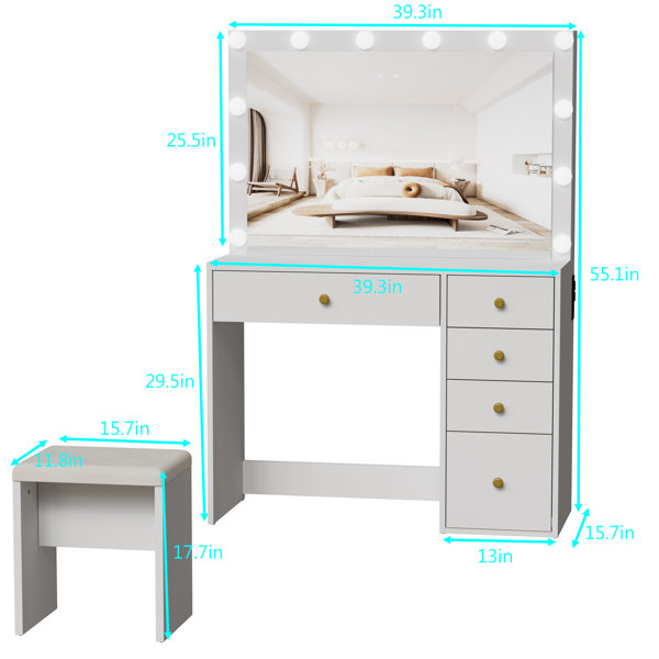 Latitude Run® Vanity Desk with Mirror and Lights,White Makeup Vanity with  Power Outlet & Storage Stool & Reviews