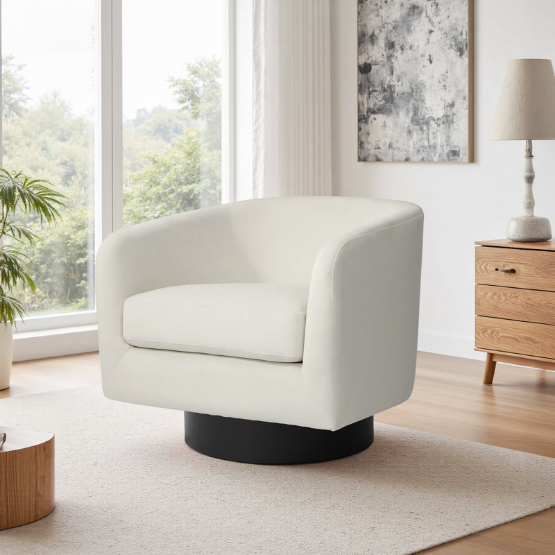 Eugenie Applewold Upholstered Ivory Velvet Swivel Barrel Chair with Solid Wood Base, Ivory