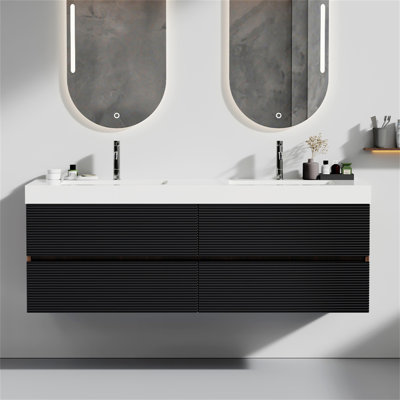 Meuble-lavabo de 60 po en noyer Grace avec lavabo à surface solide brillante et tiroirs souples
