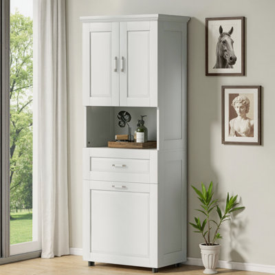 Armoire de salle de bain haut de gamme luxueuse avec panier à linge, unité de rangement tout-en-un 69,9 po avec panier inclinable et 2 portes, rangement autoportant