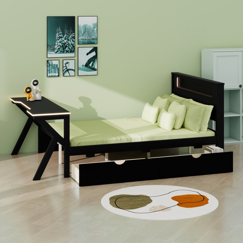 Lit plateforme en bois avec tête de lit à DEL, bureau, USB et tiroirs de rangement, Double