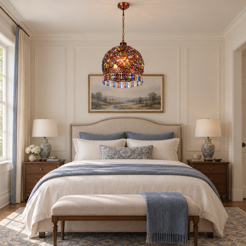 Luminaire suspendu en cristal 3 lumières rétro en cuivre antique rouge vieilli