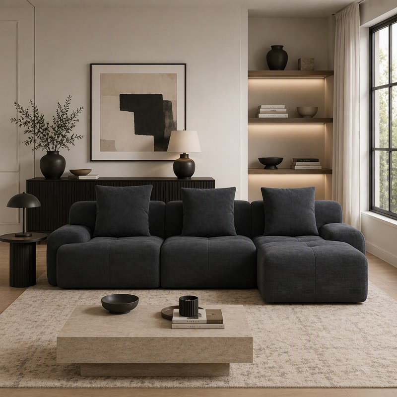Canapé modulaire moderne en forme de L sans os, canapé 3 places en velours côtelé gris foncé avec repose-pieds et coussins décoratifs, aucun assemblage requis pour le salon