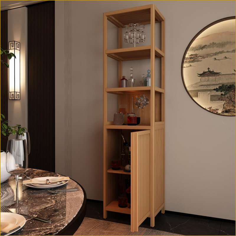 Cabinets: Tall Slim Storage with Shutter Door, 3 Tier Shelves, Freestanding Natural Bamboo | Bathroom, Natural