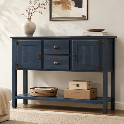Console de 46 po en bois massif avec 2 tiroirs, armoires et tablette inférieure, armoire de rangement de style rétro pour salle à manger (bleu marine)