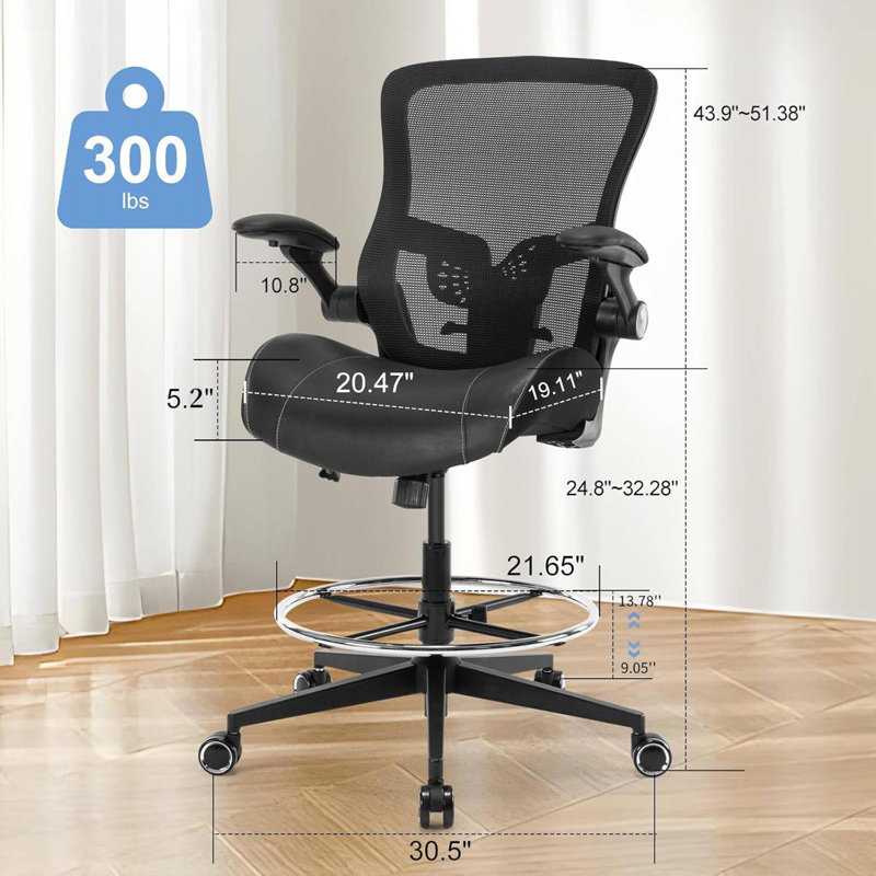 Black Drafting Chair - Tall Office Chair With Flip-Up Armrests, Footrest & Adjustable Lumbar Support (Counter Height/Standing Desk)