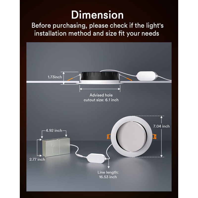 Luminaire encastré à cardan intelligent de 6 po Lumary, pivotant à 355 ° et inclinable à 20 ° Wi-Fi RVBWW, fonctionne avec Alexa Google, lumières à DEL réglables Canless avec J-Box (1 paquet)
