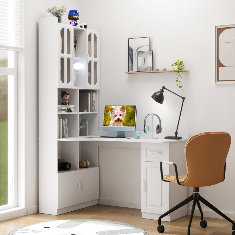 Bureau d'ordinateur d'angle en L pour bureau à domicile ou bureau d'étude, table d'étude de style moderne avec tiroirs, bibliothèque et huche, conception en L 2 en 1, grand espace de travail