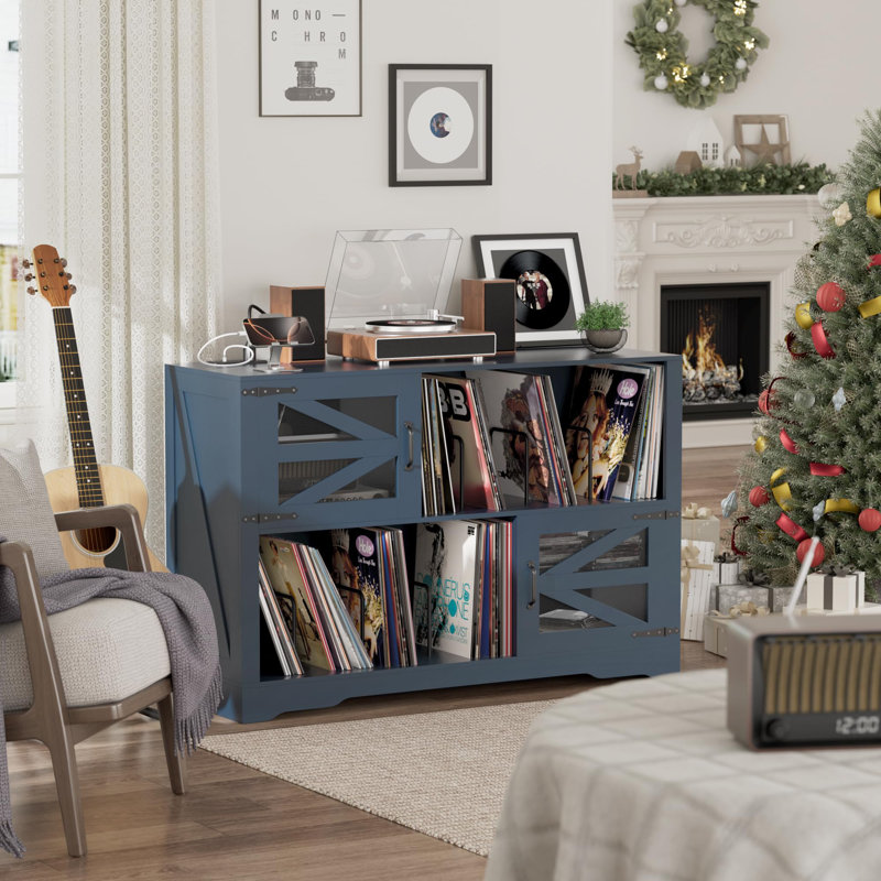 Farmhouse Large Record Player Cabinet with Barn Doors, Holds 500+ Vinyl Records, Built-in 2 AC Outlets & 2 USB Ports, Sturdy Metal Dividers for Living Room or Music Room