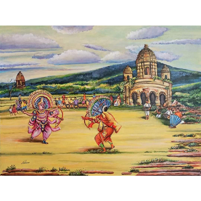 Danse Chhau dans la cour du vieux temple | Peinture acrylique sur toile tendue