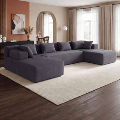 Corduroy Cloud Modular Sofa, 140.95 in Oversized U-Shaped 4-Seat Deep Seat Sectional with Throw Pillows, No Assembly Required, Dark Gray