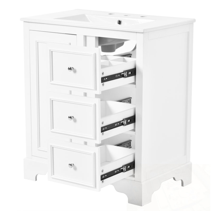 Meuble-lavabo avec lavabo, 3 tiroirs et tablettes réglables, Blanc