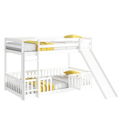 Twin Over Floor Bunk Bed With Slide, , Door And Guardrails In White Pine For A Comfortable Sleep Stylish Entertaining Practical User- Secure Night's ' Bedroom