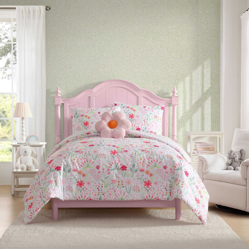 Laura Ashley Kids Meadow Daisies Comforter Bonus Set, Queen Comforter + 2 Standard Shams + Throw Pillow, Pink Floral 4