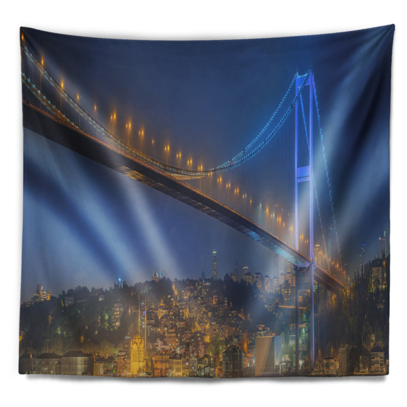 Paysage, pont du Bosphore la nuit, tapisserie d'Istambul, H 68 po x l 80 po
