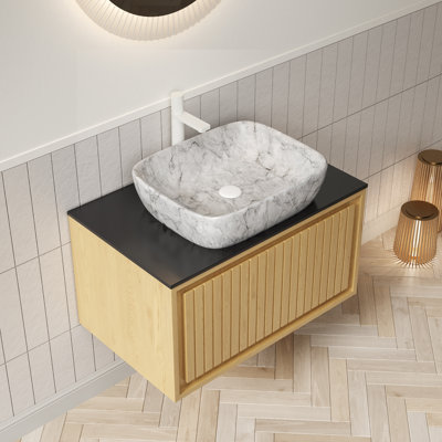 Kolas 30" Bathroom Vanity&sink, Wall-mounted Plywood Bathroom Storage Cabinet With Drawer, Marble Pattern Ceramic Vessel Basin&black Sintered Stone Top, Pre-assembled, Corolla Oak Woodgrain Color