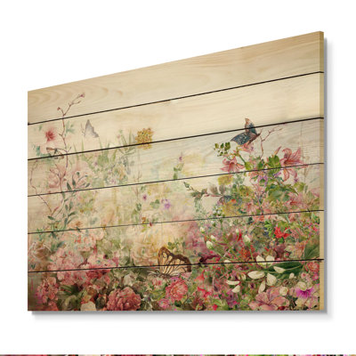 Jardin d'été moderne rose et vert - peinture sur bois sans cadre