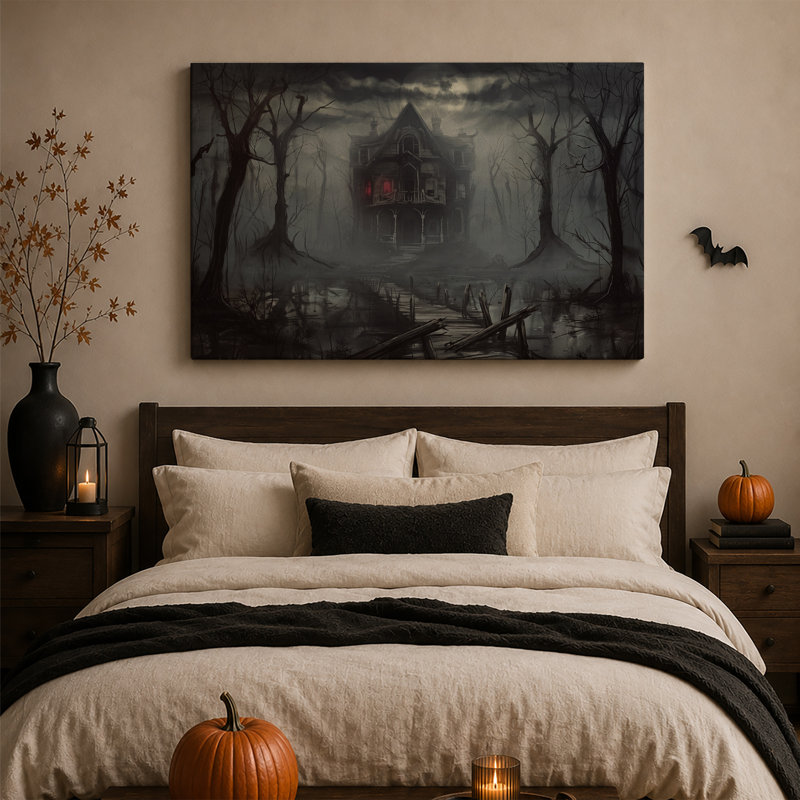 Art mural sur toile, "Dark victorian house" avec fenêtres rouges en brouillard d'Halloween, H 28 po x l 40 po
