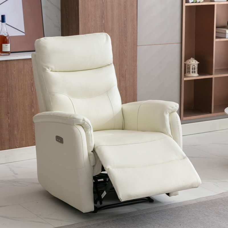 Casimier 31.5" W Genuine Leather Power Recliner with USB Port, Ivory Genuine Leather