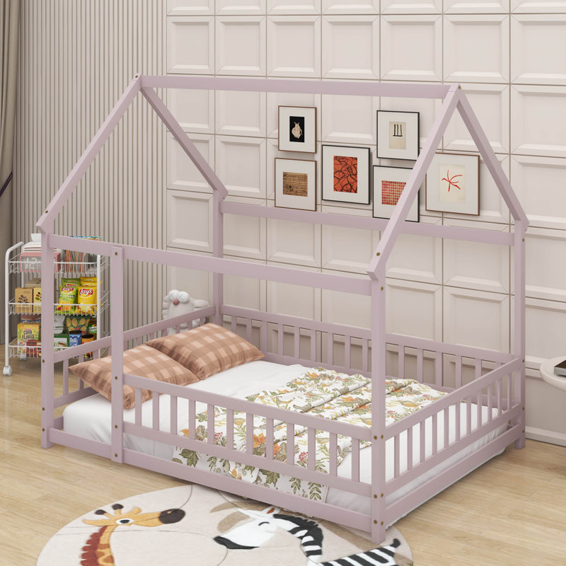 Lit double en bois pleine grandeur avec structure de toit, Rose