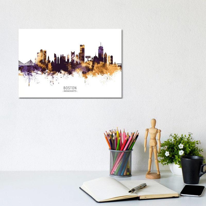 Boston Massachusetts Skyline Purple Gold by Michael Tompsett - 1 Piece Wrapped Canvas Wall Art, 20.32 cm H x 30.48 cm W