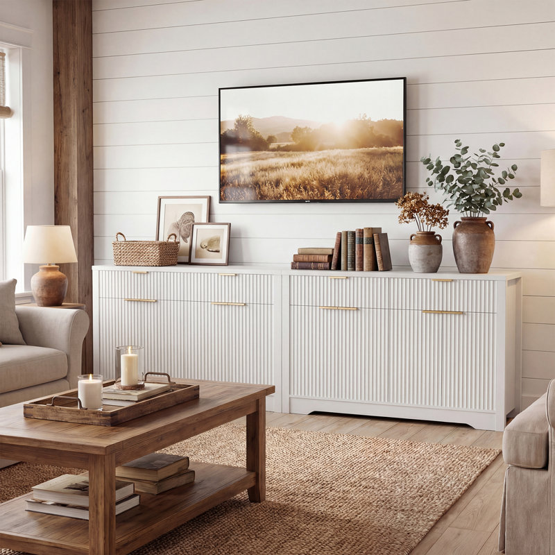 55" Buffet Cabinet with Storage, Drawers, and Adjustable Shelves, White