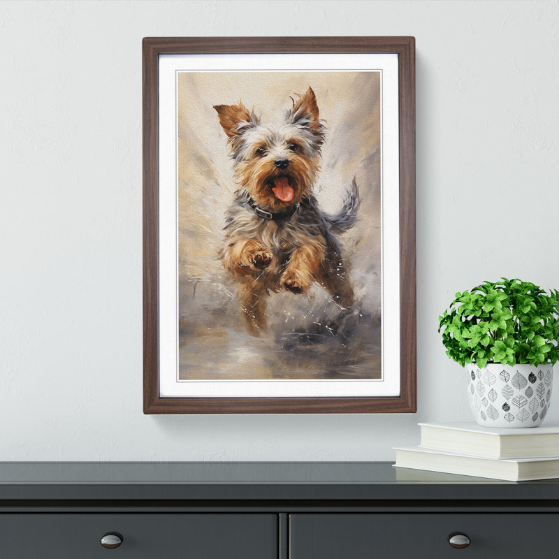 Yorkshire Terrier Action - Single Picture Frame Print on Wood, 34cm H x 25cm W x 2cm D, Walnut