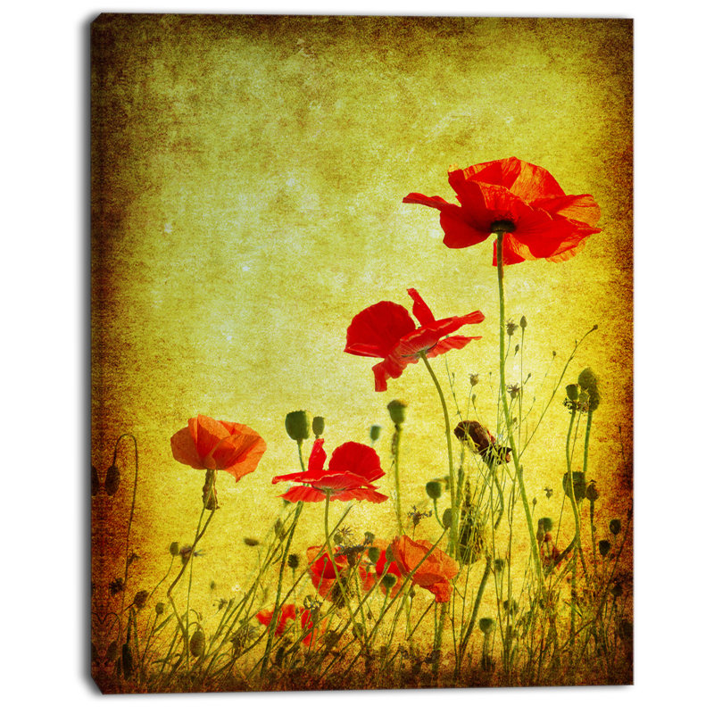 Fleurs de coquelicot sur fond grunge-impression d’art graphique, H 20 po x l 12 po x P 1po, Toile tendue