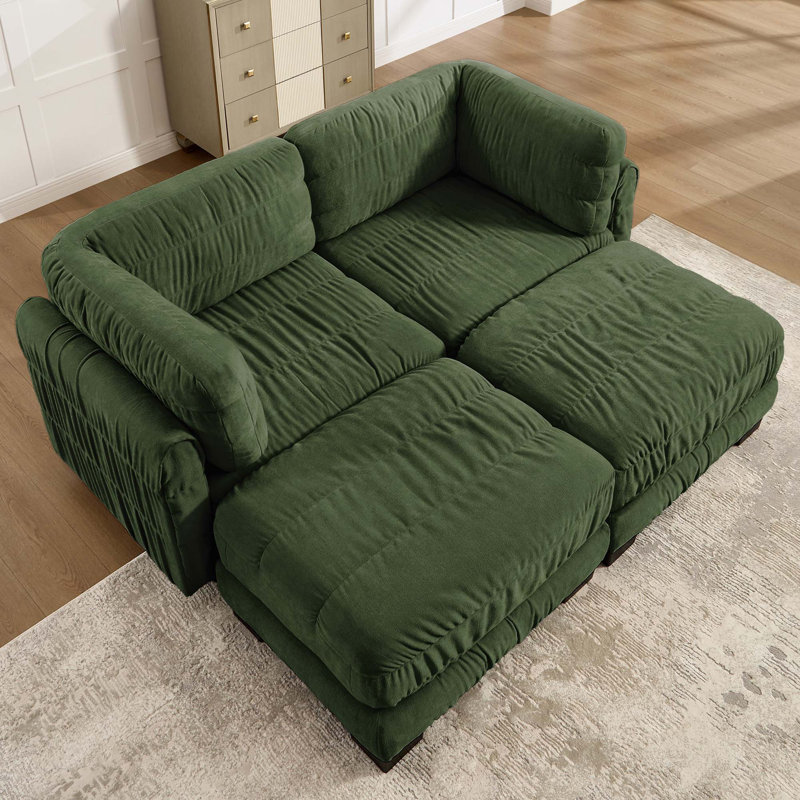 Upholstered Chenille with Ottoman Sectional, Chenille verte, H 34,6 po x l 78,7 po x P 62,2 po, Symétrique