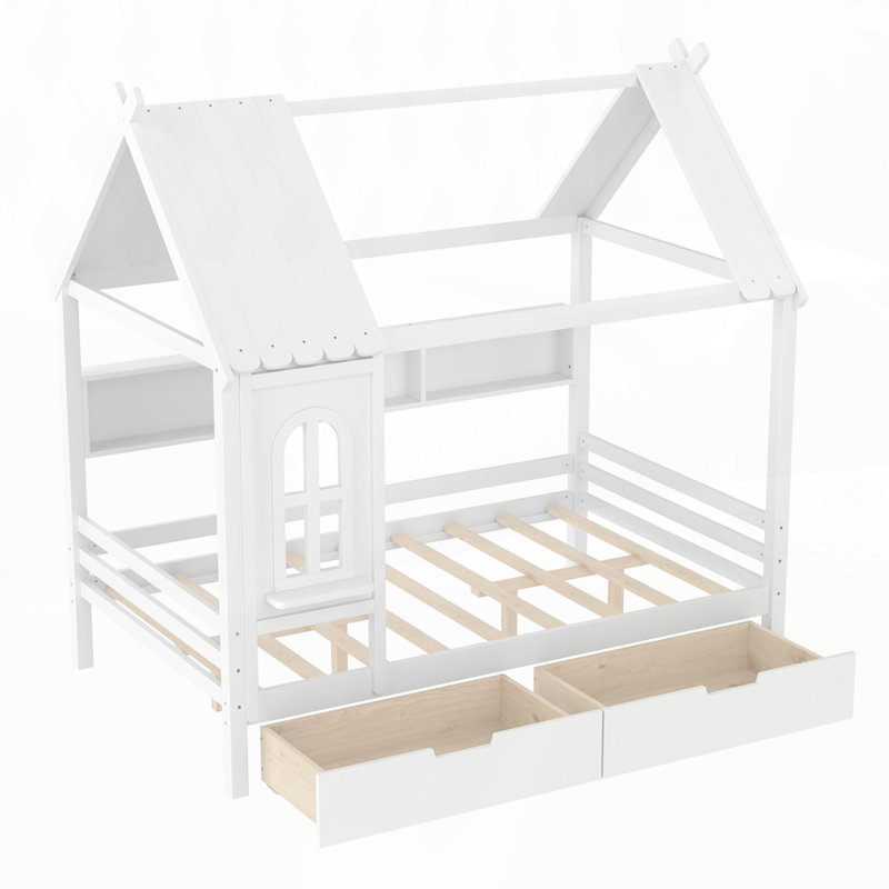 Lits de maison avec tiroirs de rangement et fenêtre, Complète, Blanc
