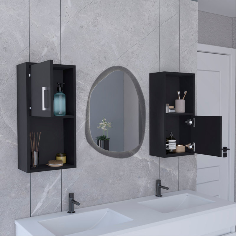 2-Pc Wall-Mounted Bathroom Medicine Cabinet With Open And Closed Storage, Black
