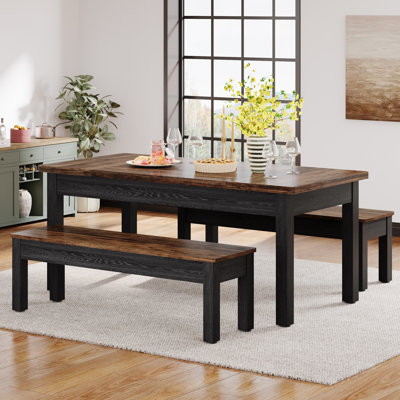 3 Piece Dining Table Set With 2 Benchs, Farmhouse Wood Kitchen Table With 2 Benches