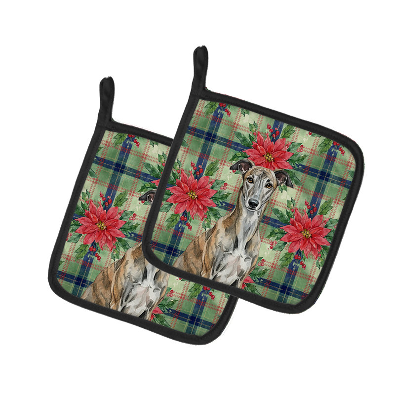 Paire de supports à casseroles Brindle Greyhound Christmas Poinsettas