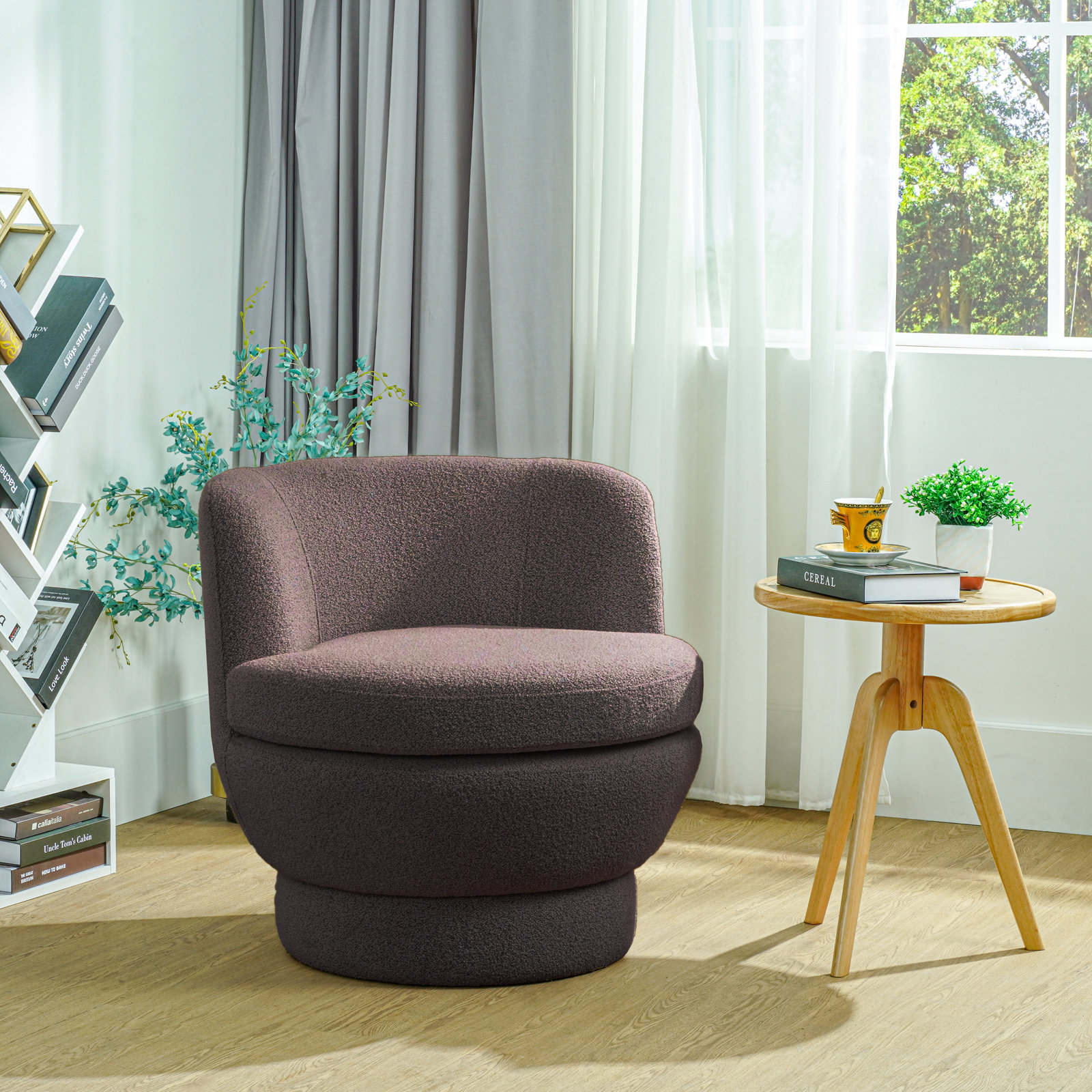 Volla Swivel Barrel Chair, Dark Brown Chenille