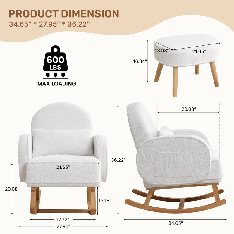 Chaise berçante rembourrée avec repose-pieds Teddy, Blanc