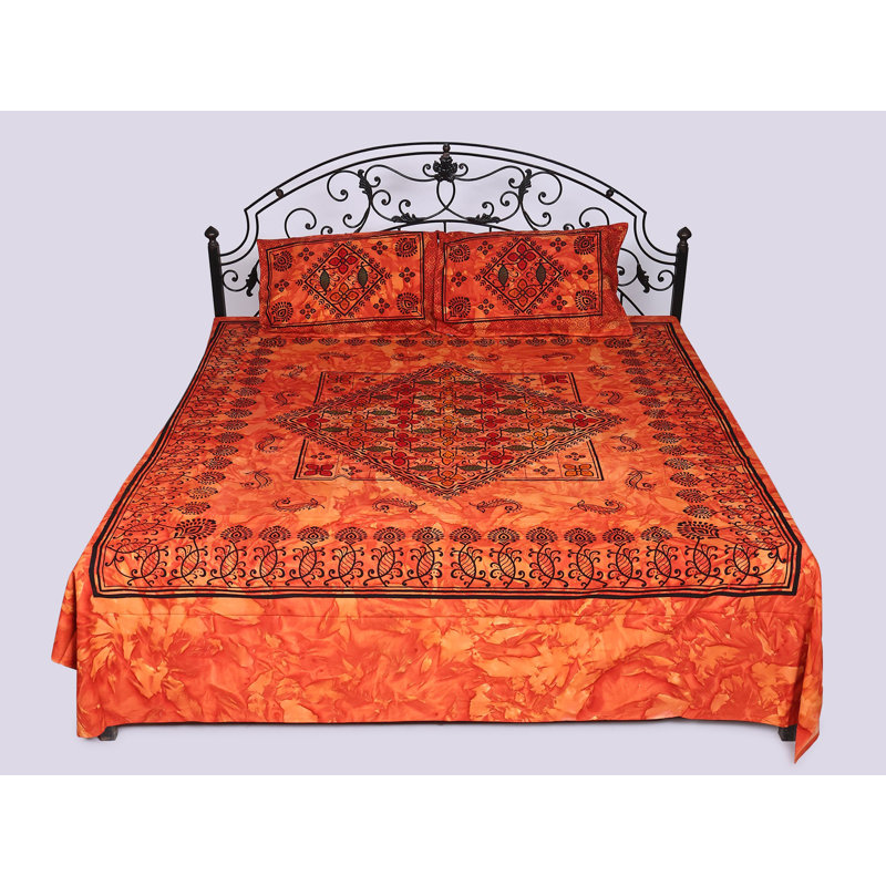 Exotic India Pure Cotton Bedspread Queen Size With Batik-Dyed And Pillowcases Set, Red Floral