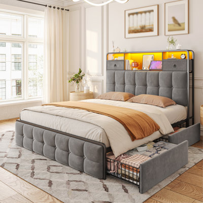 Modern Upholstered Full Bed Frame with LED Lights, Charging Station & 6 Drawers