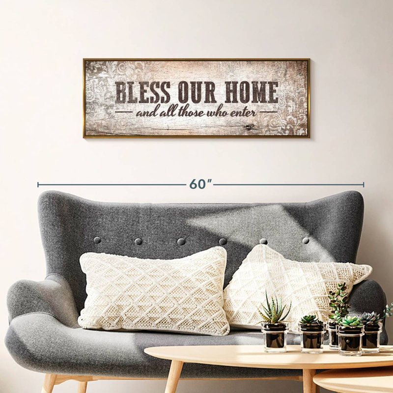 Plaque murale «Bless Our Home», Cadre flottant doré, 37 po x 13 po