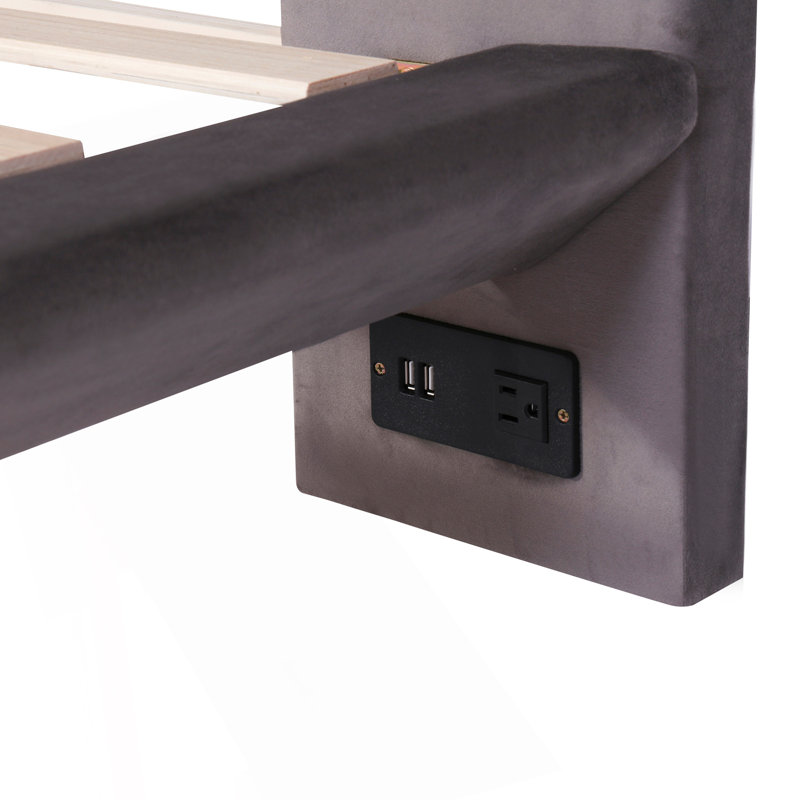 Grand lit plateforme tapissier avec capteur de lumière et 2 grands dossiers, élégant lit plateforme avec 2 ensembles de ports USB et de prises sur chaque pied de lit arrière, gris