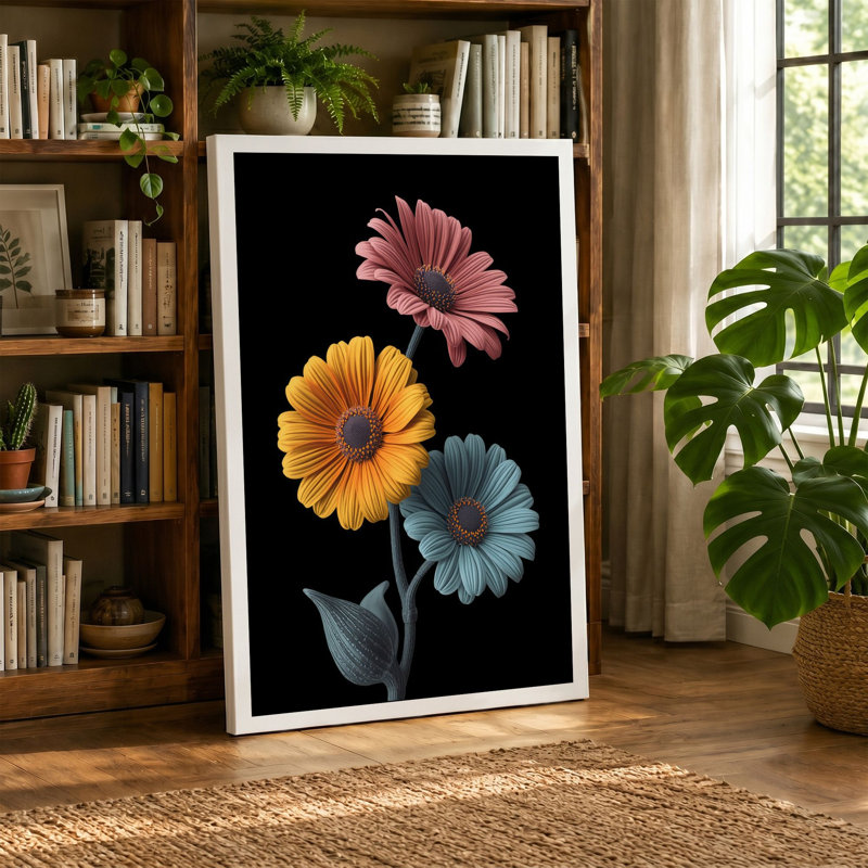 Three Gerbera Blooms Botanical - Wrapped Canvas, 18x12 - 45.7 x 30.5 cm, Ochre Border