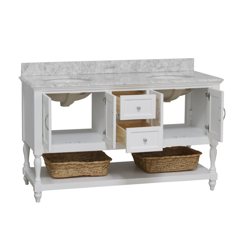 Hampton 60'' Double Bathroom Vanity with Top, White, Carrara Marble