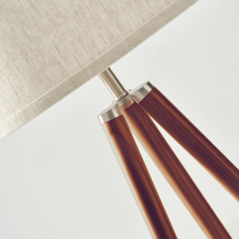 Walnut Brown Tripod Floor Lamp with White Fabric Shade