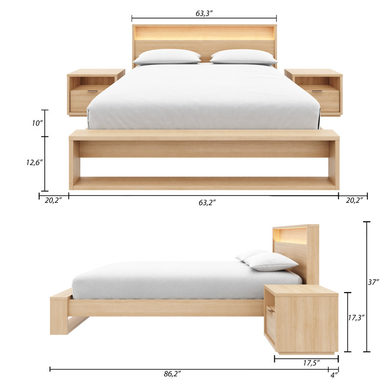 Ensemble de chambre avec grand lit et tête de lit 4 pièces avec éclairage intégré Deangelis, Beige