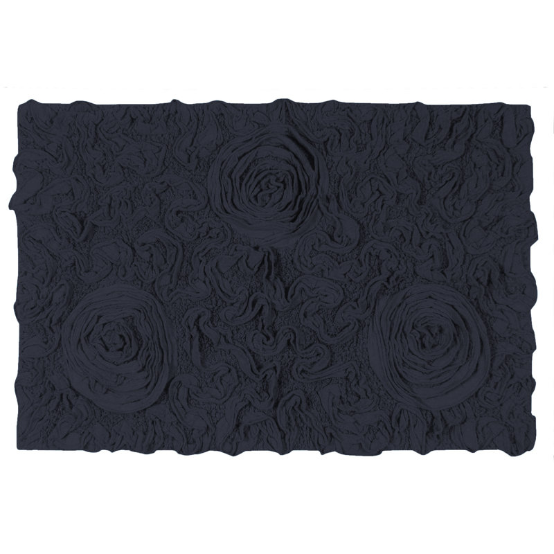Schoenberger Floral Design Cotton Bath Rug, 34" L x 21" W, Navy