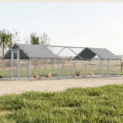 26×10 Ft Extra Large Walk-in Chicken Coop, Spire Roof Chicken Run With Cover, Front & Rear Doors, Feeding Door, Roosting Ladder, Galvanized Steel Frame