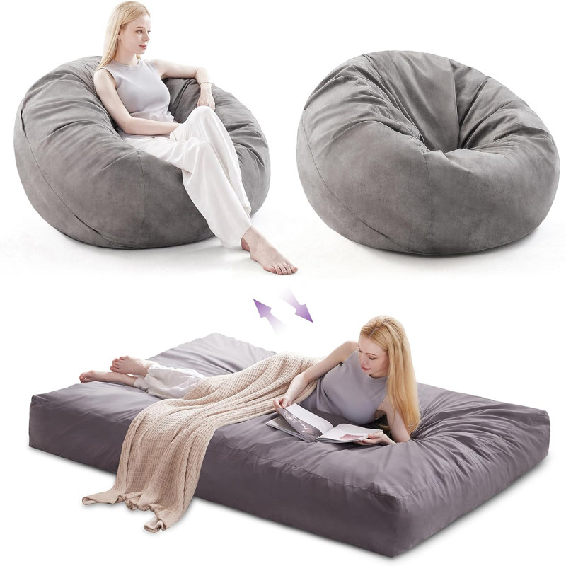 2 in 1 Convertible Bean Bag Chair with Removable Cover, Gray Microfiber/Microsuede, 32" H x 42" W x 42" D