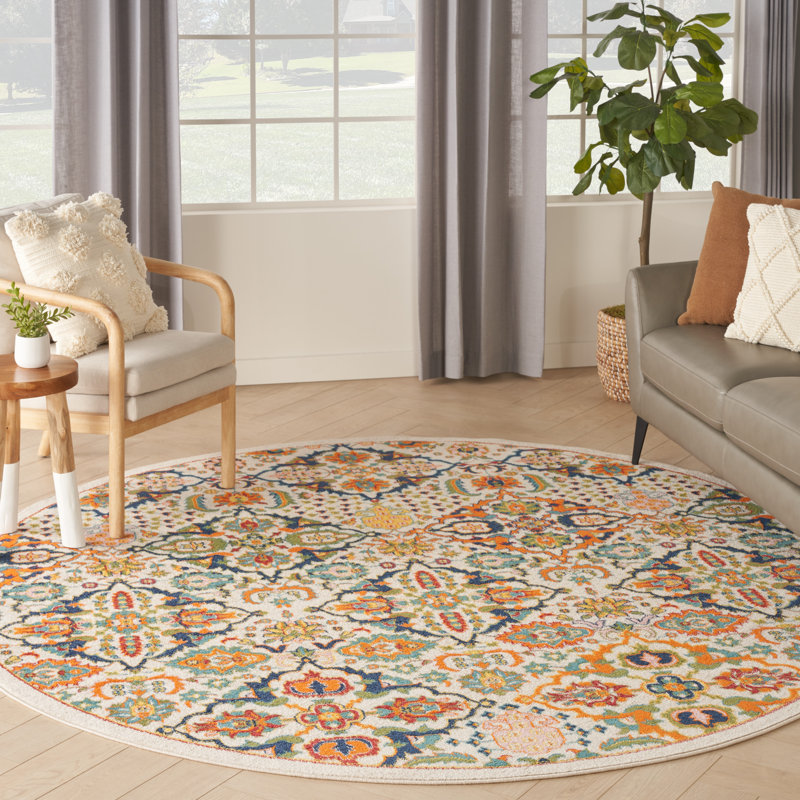 Tapis beige / bleu / orange Whitingham, Rond 7 pi 10 po