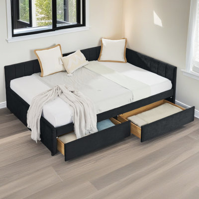 Full Size Upholstered Tufted Bed Frame With Two Drawers, Sofa Bed Frame With Comfortable Backrest And Armrests, Velvet by Everly Quinn