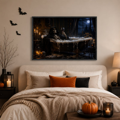 Gothic Skeleton in Bathtub with Wine Glass and Halloween Canvas Wall Art