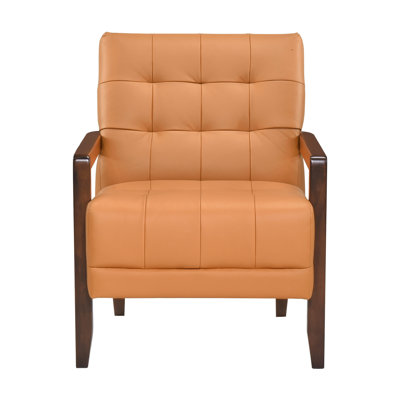 Red Barrel Studio® 100% Leather Accent Chair In Vivacious Orange With Frame Contemporary Plywood Shining Leg Cushion
